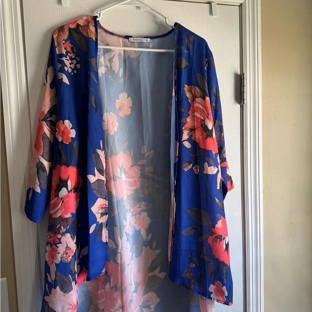 Blue and Pink Floral Kimono Swim Coverup